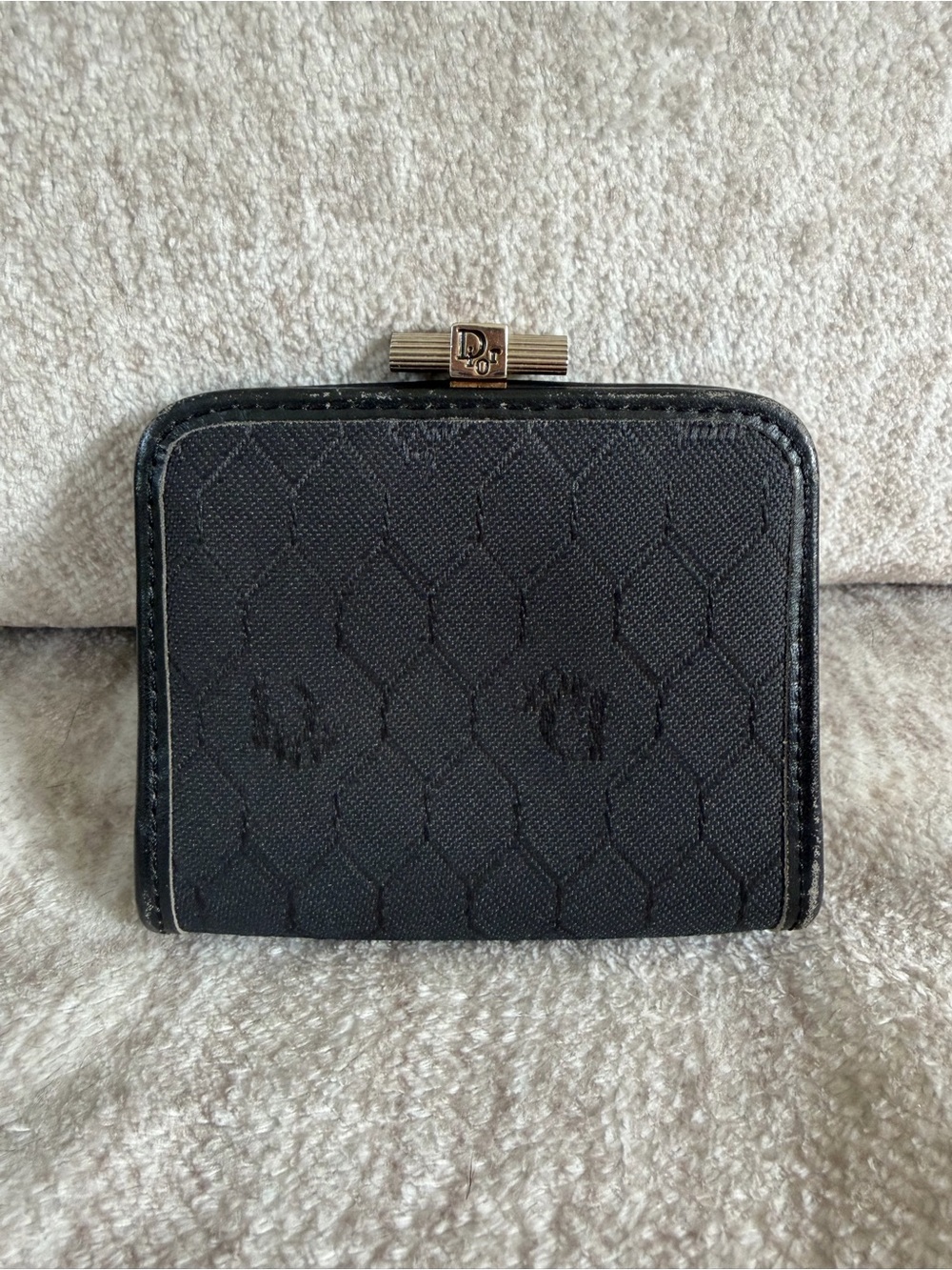 Vintage Christian Dior Black Honeycomb Canvas Kiss Lock Coin Purse